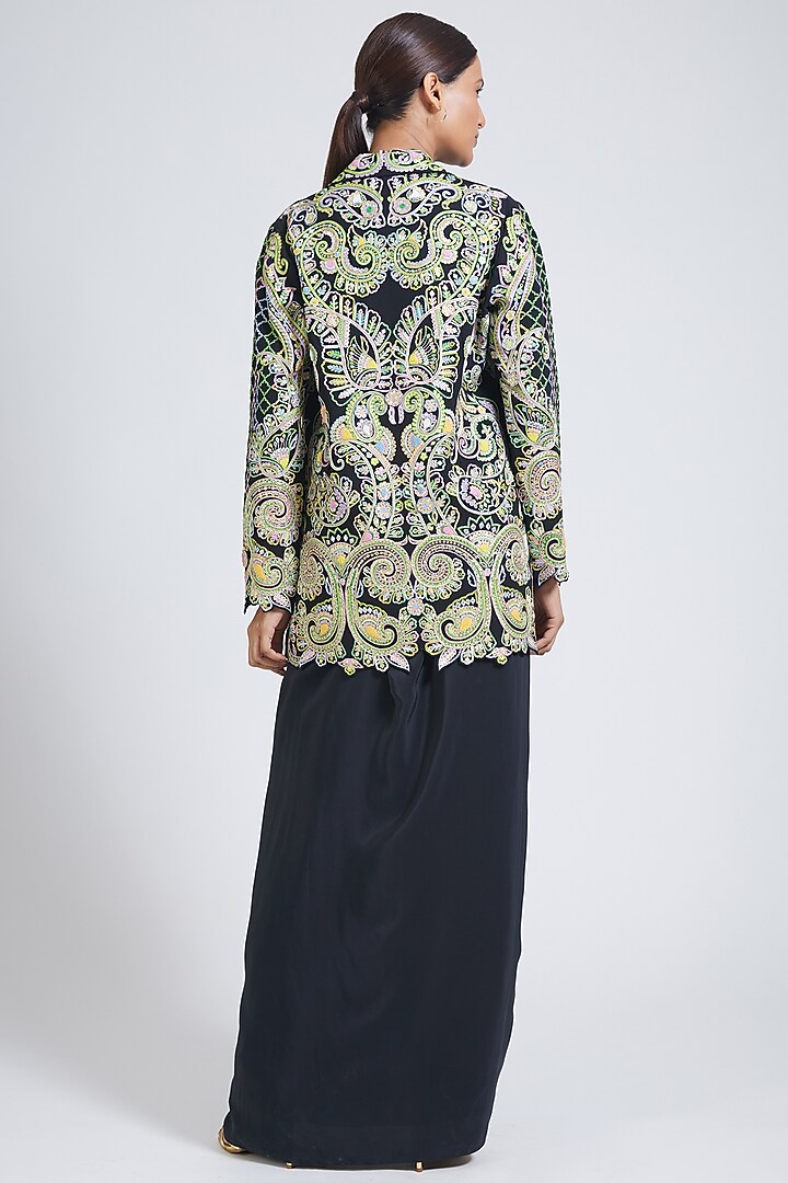 Black Georgette Thread Hand Embroidered Jacket Set by NIMA FASHIONS at Pernia's Pop Up Shop