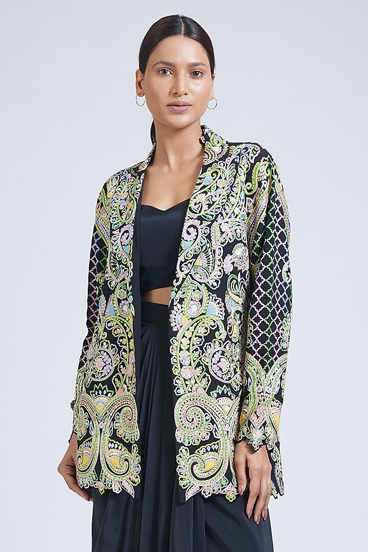 Black Georgette Thread Hand Embroidered Jacket Set by NIMA FASHIONS at Pernia's Pop Up Shop