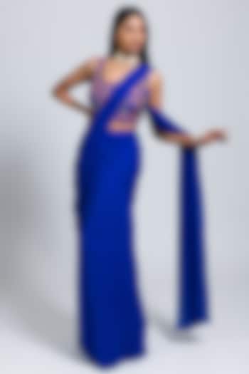 Blue Georgette Draped Saree Set by NIMA FASHIONS