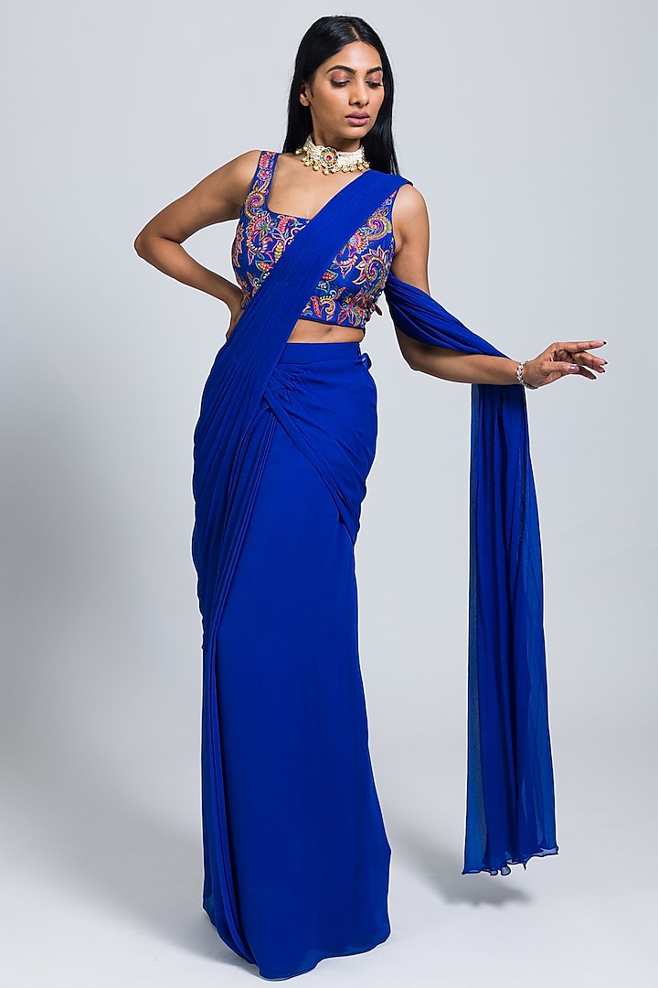 Blue Georgette Draped Saree Set Design by NIMA FASHIONS at Pernia's Pop ...