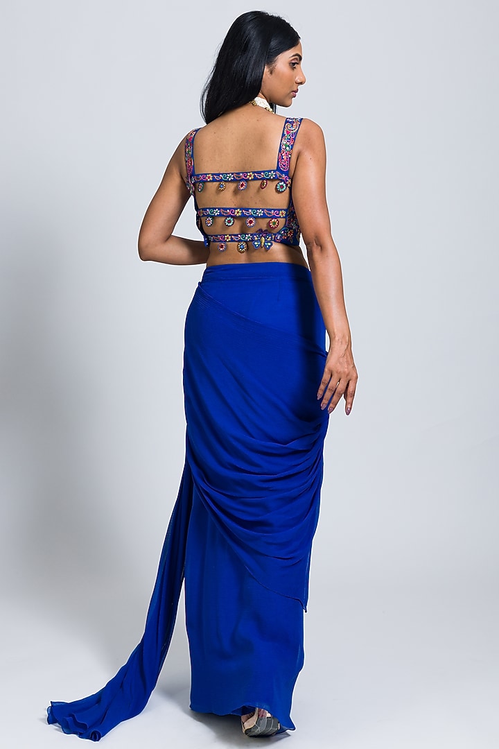 Blue Georgette Draped Reception Saree Set by NIMA FASHIONS at Pernia's Pop Up Shop