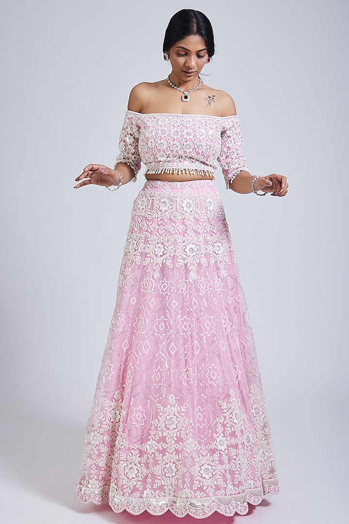 Pink Net Thread & Sequins Hand Embroidered Lehenga Set by NIMA FASHIONS
