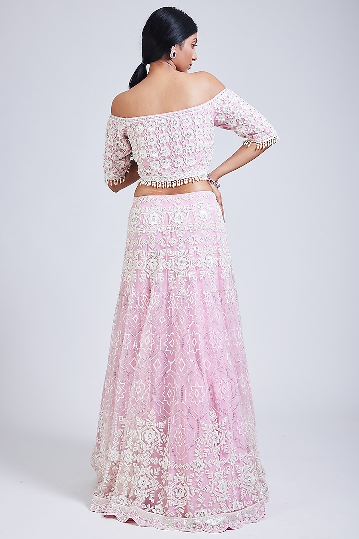 Pink Net Thread & Sequins Hand Embroidered Bridal Lehenga Set by NIMA FASHIONS at Pernia's Pop Up Shop