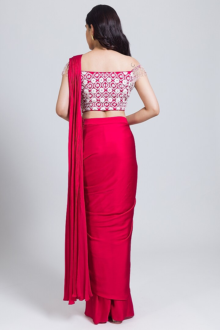 Red Satin Draped Wedding Saree Set by NIMA FASHIONS at Pernia's Pop Up Shop