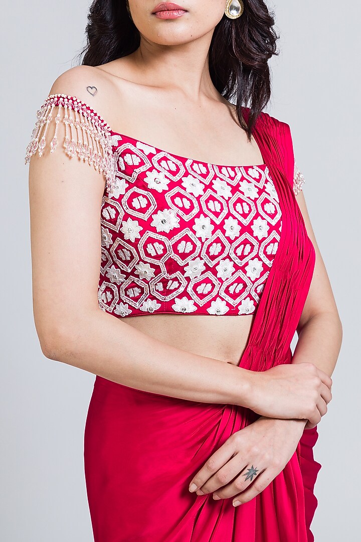 Red Satin Draped Wedding Saree Set by NIMA FASHIONS at Pernia's Pop Up Shop