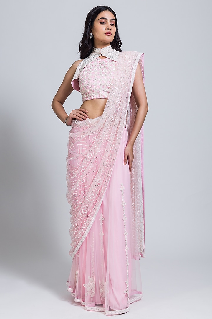 Baby Pink Net Sequins & Cutdana Hand Embellished Saree Set by NIMA FASHIONS