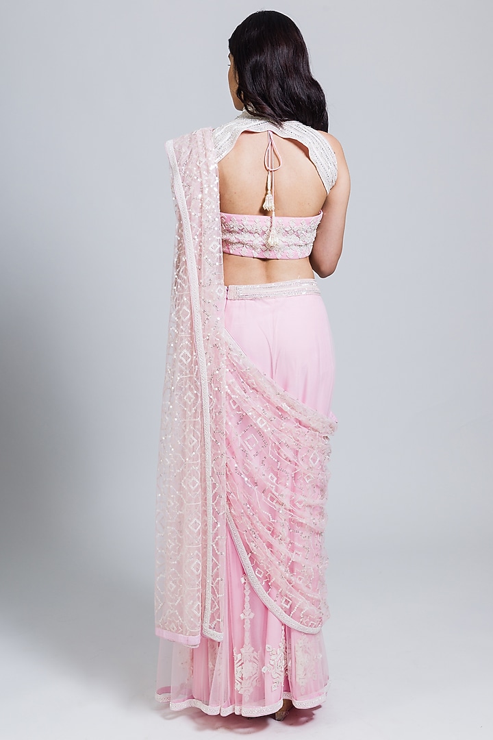 Baby Pink Net Sequins & Cutdana Hand Embellished Reception Saree Set by NIMA FASHIONS at Pernia's Pop Up Shop