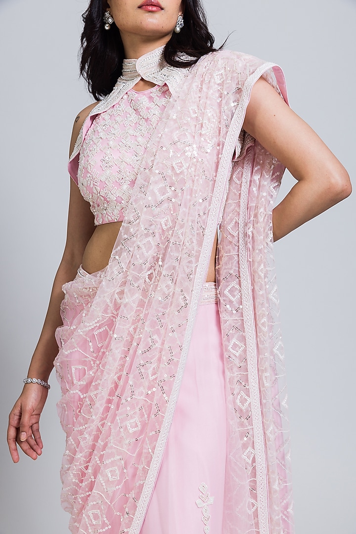 Baby Pink Net Sequins & Cutdana Hand Embellished Reception Saree Set by NIMA FASHIONS at Pernia's Pop Up Shop