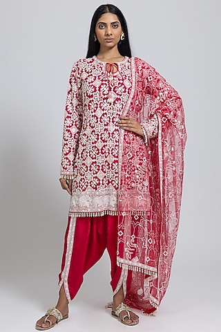 Red Net Sequins & Cutdana Hand Embellished Kurta Set by NIMA FASHIONS