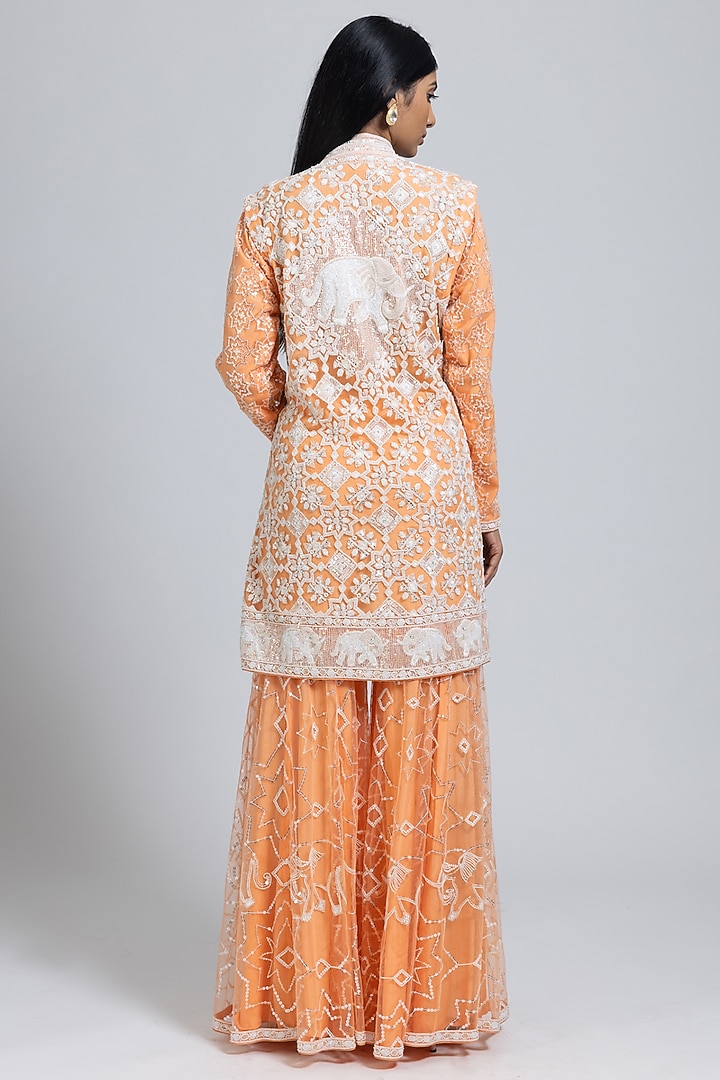 Peach Net Moti & Cutdana Hand Embellished Flared Bridal Sharara Set by NIMA FASHIONS at Pernia's Pop Up Shop