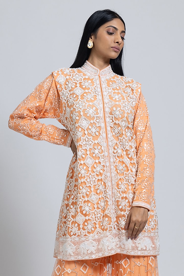 Peach Net Moti & Cutdana Hand Embellished Flared Bridal Sharara Set by NIMA FASHIONS at Pernia's Pop Up Shop