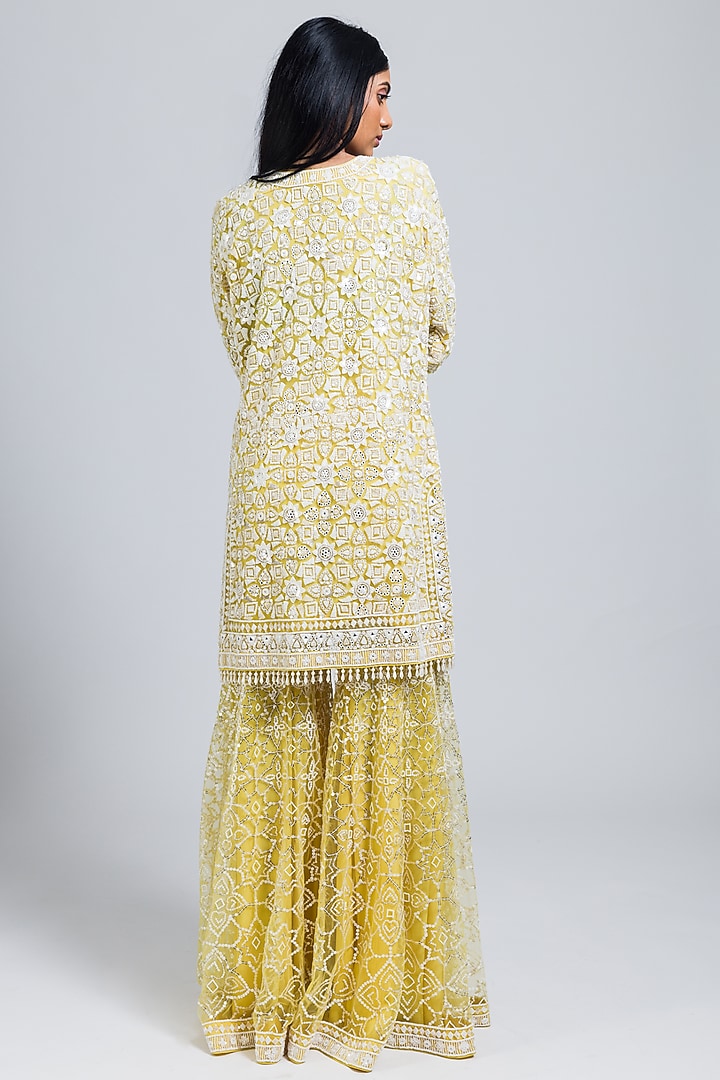 Yellow Net Moti & Cutdana Hand Embellished Flared Bridal Sharara Set by NIMA FASHIONS at Pernia's Pop Up Shop