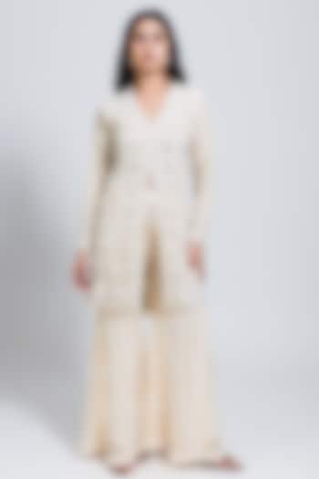 Nude Net Sequins & Moti Hand Embellished Long Jacket Set by NIMA FASHIONS
