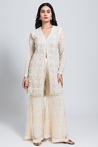 Nude Net Sequins & Moti Hand Embellished Long Jacket Set by NIMA FASHIONS