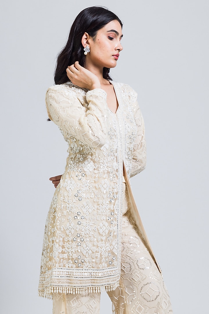 Nude Net Sequins & Moti Hand Embellished Long Jacket Set by NIMA FASHIONS at Pernia's Pop Up Shop