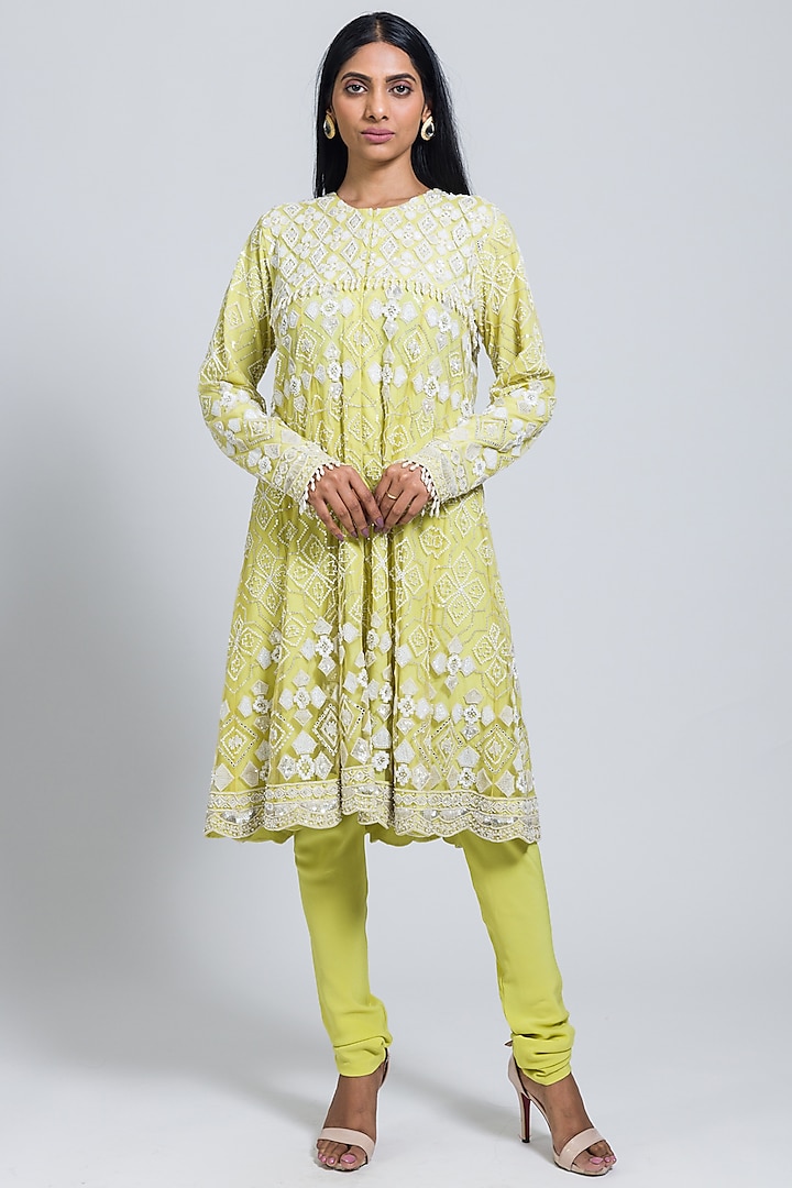 Neon Green Net Sequins & Moti Hand Embellished Flared Tunic Set by NIMA FASHIONS