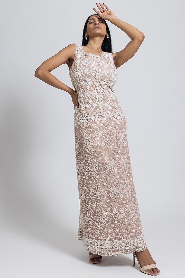 Nude Net Pearl & Sequins Embellished Maxi Dress by NIMA FASHIONS