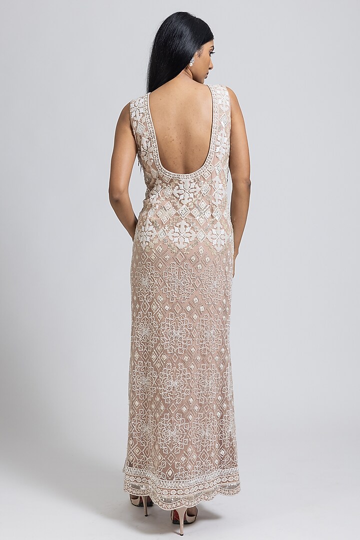 Nude Net Pearl & Sequins Embellished Maxi Party Wear Dress by NIMA FASHIONS at Pernia's Pop Up Shop