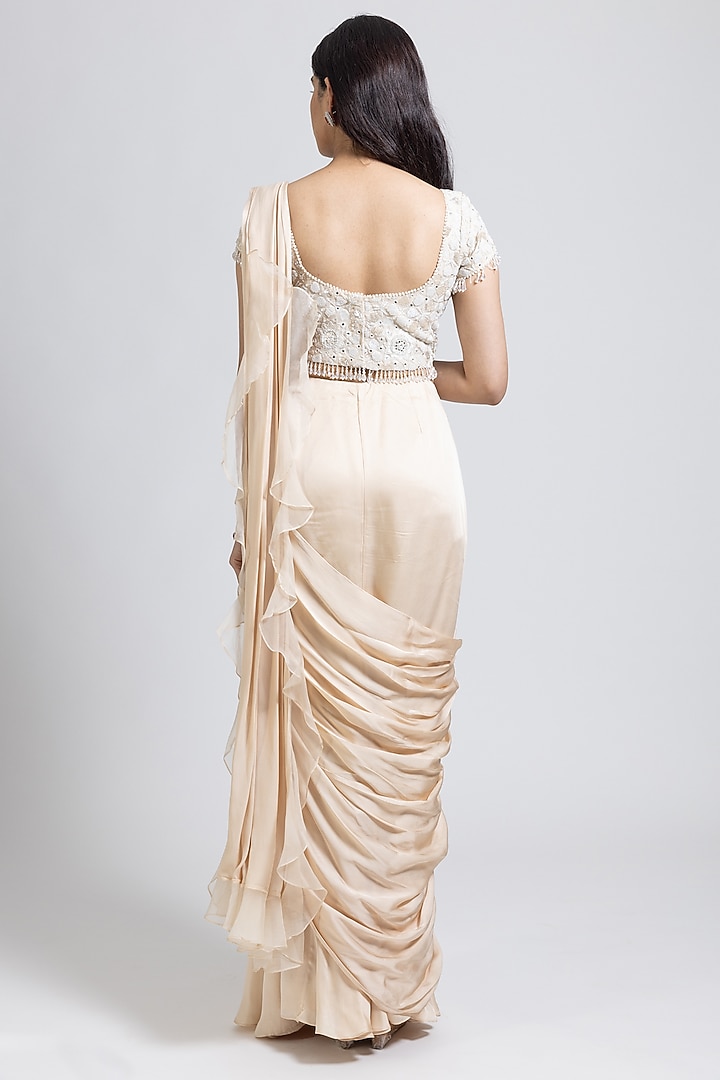 Ivory Satin Draped Wedding Saree Set by NIMA FASHIONS at Pernia's Pop Up Shop