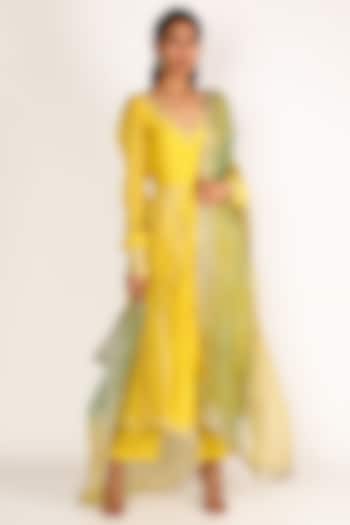 Yellow & Mint Embroidered Anarkali Set by Label Nimbus