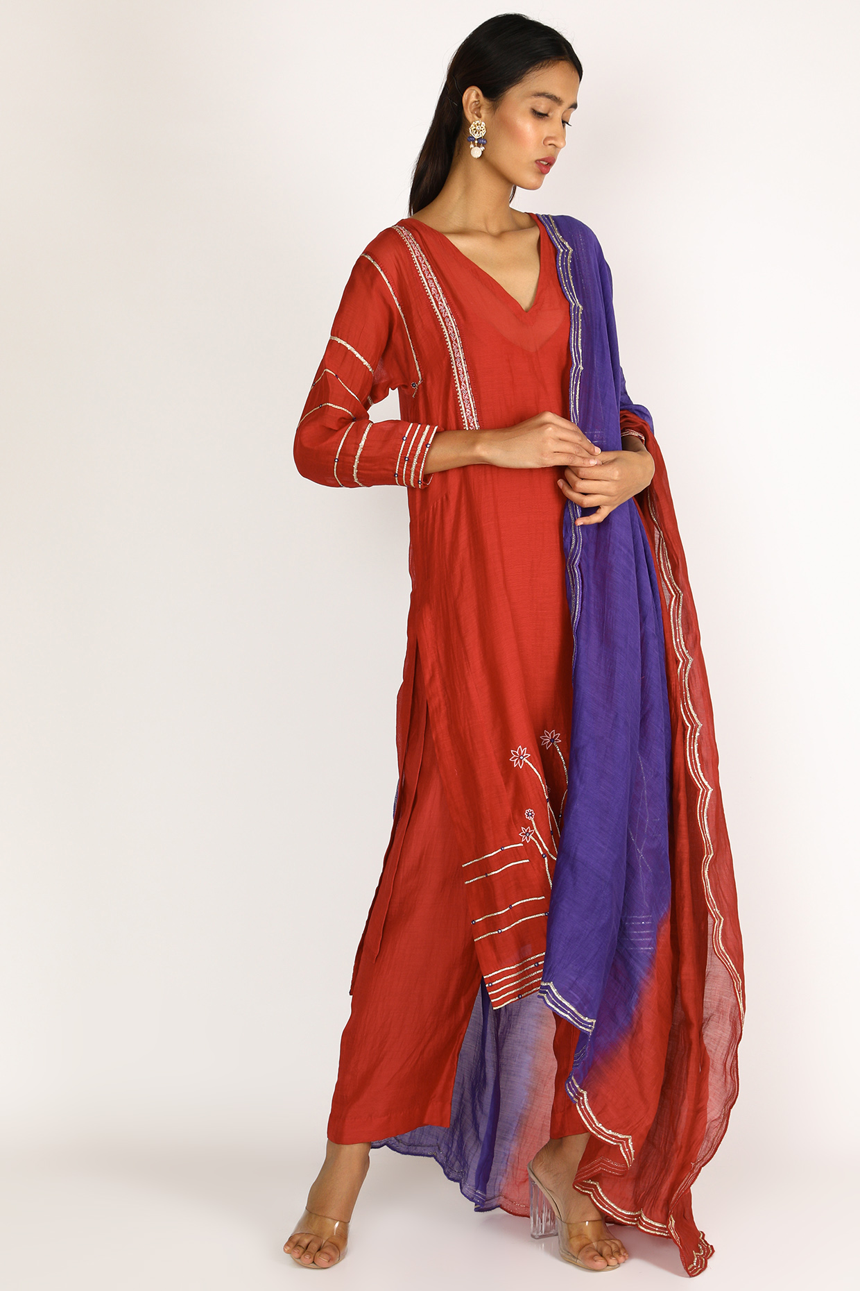 Red Embroidered A-Line Kurta Set by Label Nimbus at Pernia's Pop Up Shop