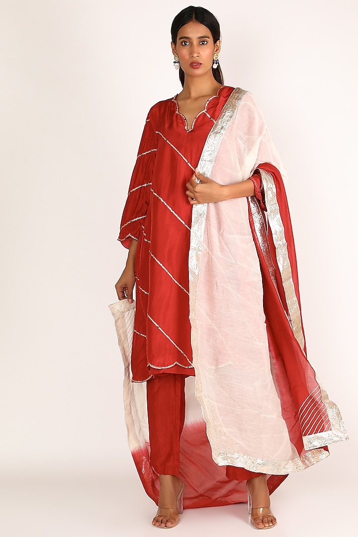 Red Embroidered A-Line Kurta Set by Label Nimbus