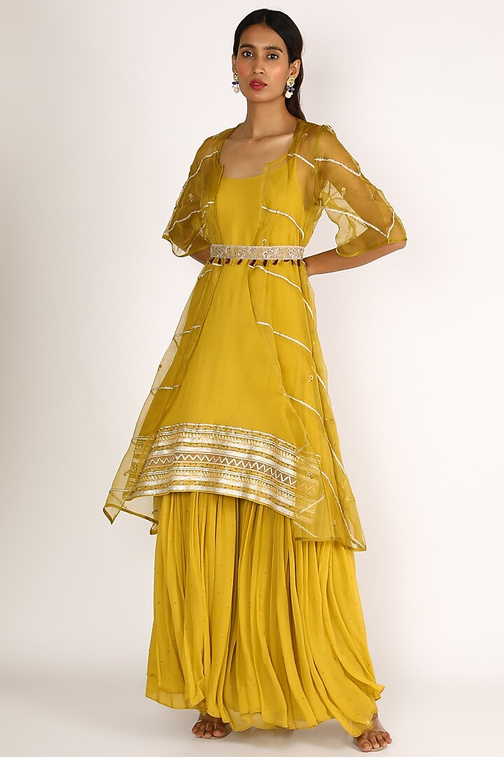 Yellow Embroidered Kurta Set With Jacket by Label Nimbus at Pernia's Pop Up Shop