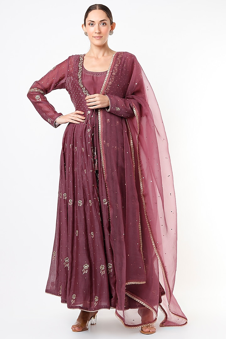 Burgundy Chanderi Jacket Anarkali Set by Label Nimbus at Pernia's Pop Up Shop