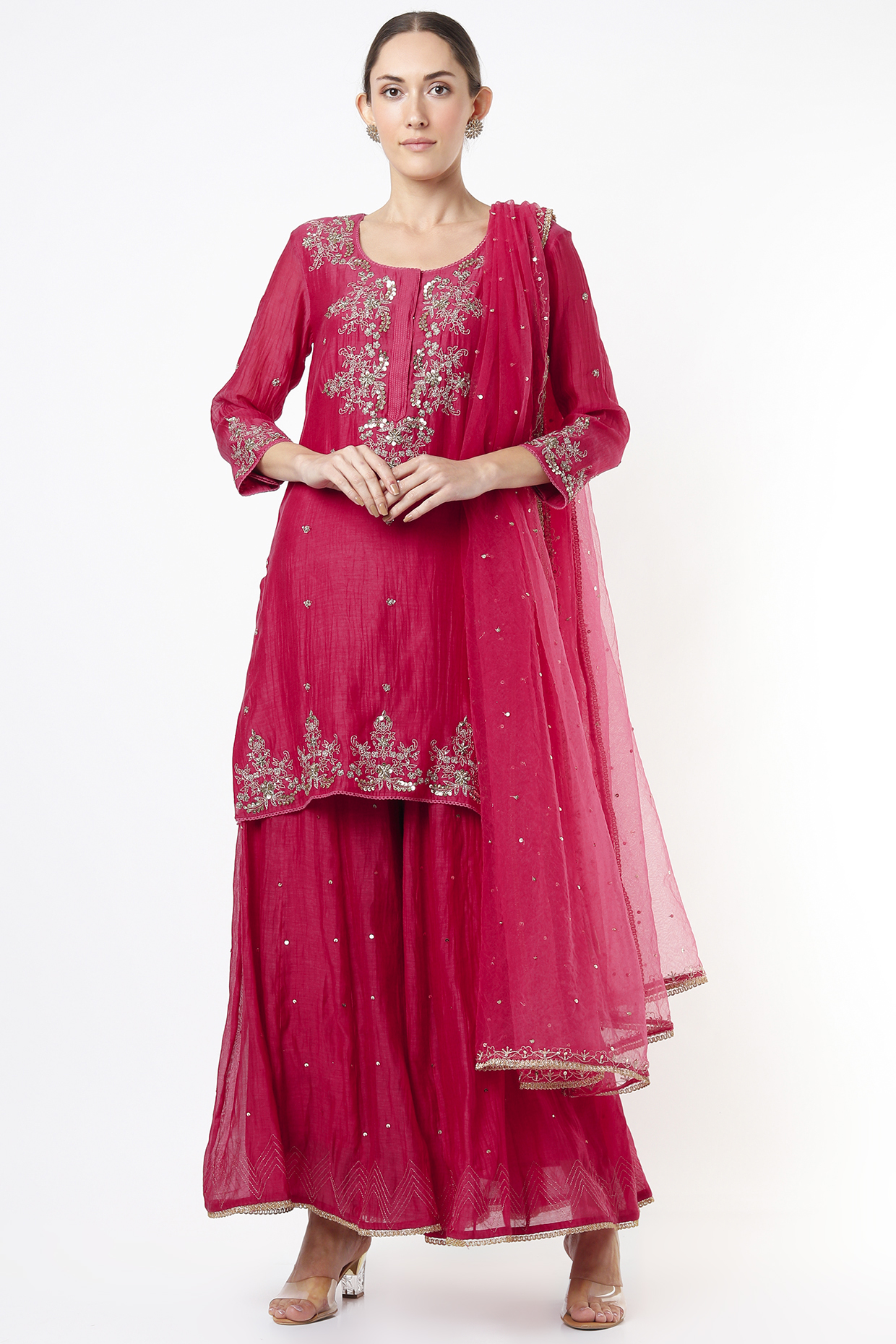 Beetroot Pink Chanderi Party Wear Sharara Set by Label Nimbus at Pernia's Pop Up Shop