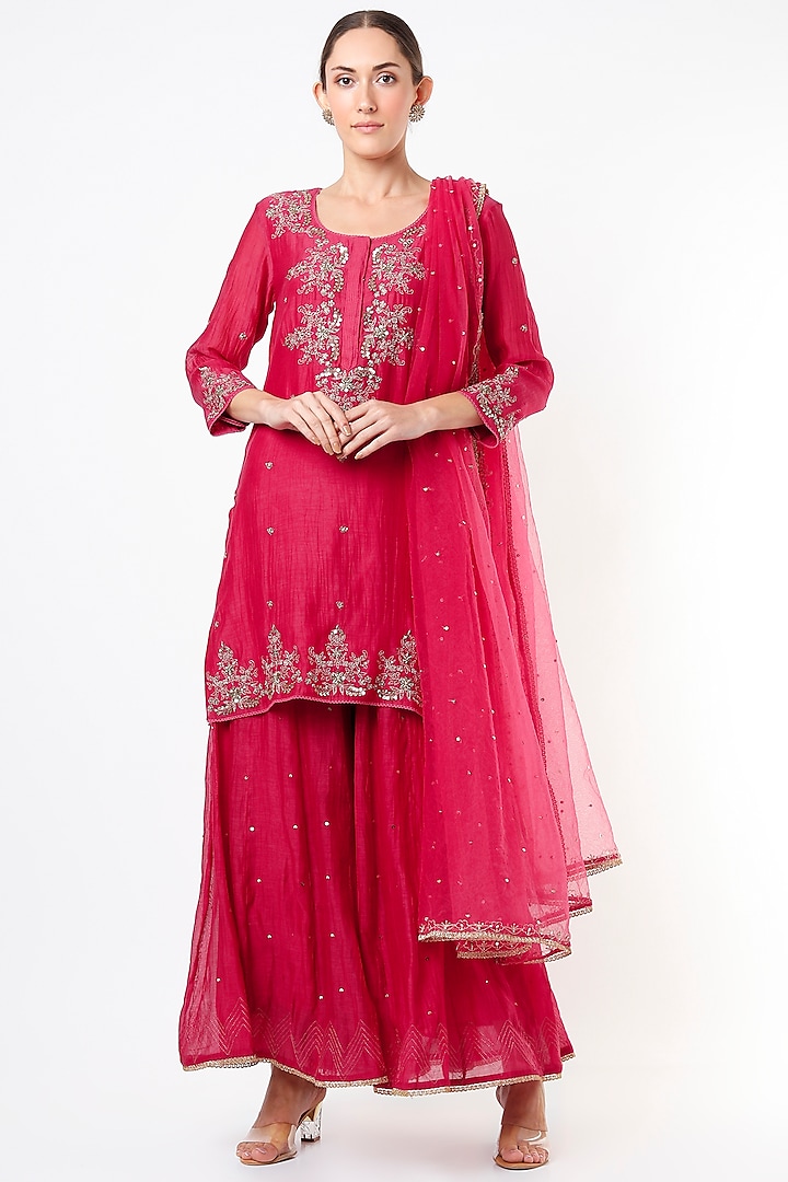 Beetroot Pink Chanderi Party Wear Sharara Set by Label Nimbus at Pernia's Pop Up Shop