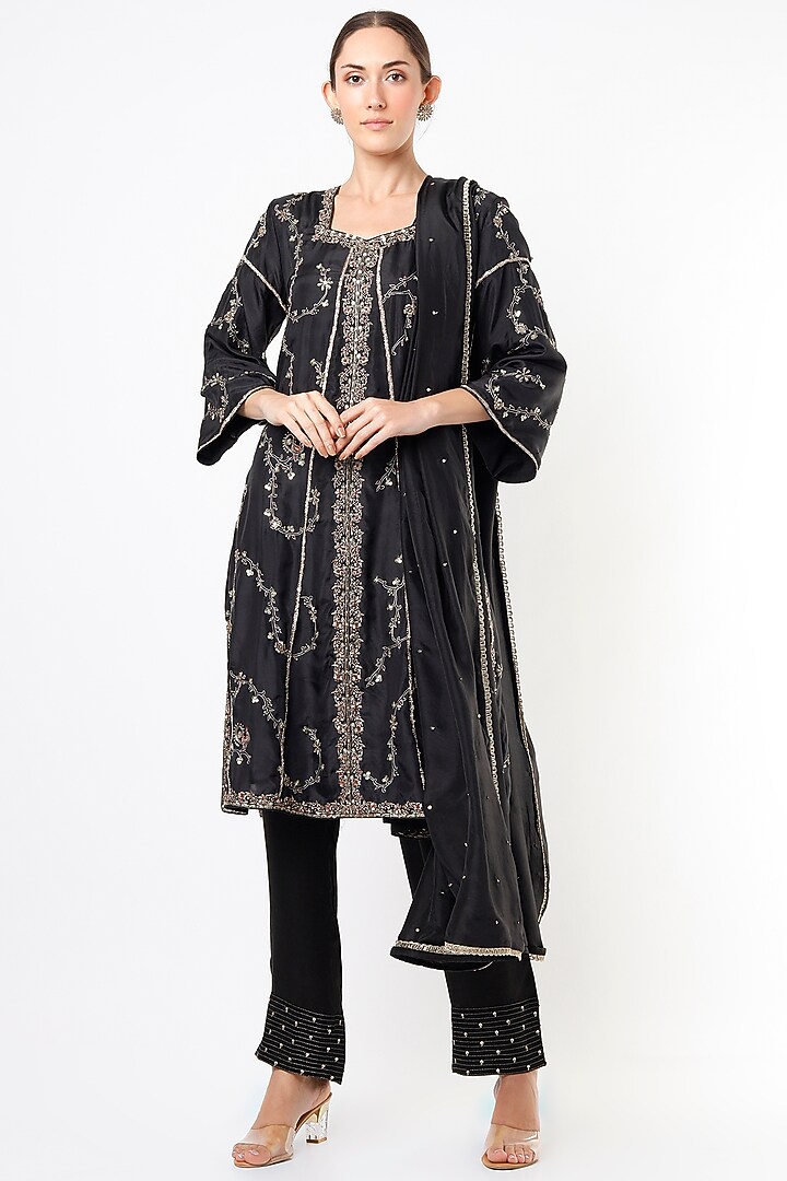 Black Silk A-Line Kurta Set by Label Nimbus at Pernia's Pop Up Shop