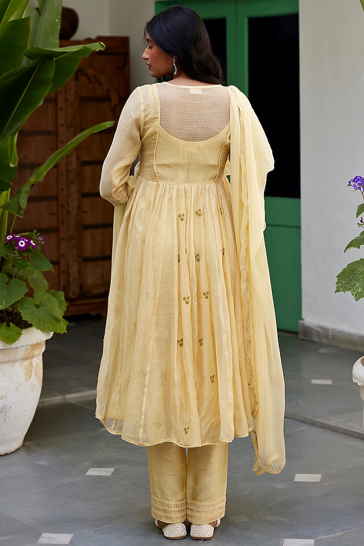 Lemon Yellow Chanderi Embroidered Party Wear Anarkali Set by Label Nimbus at Pernia's Pop Up Shop