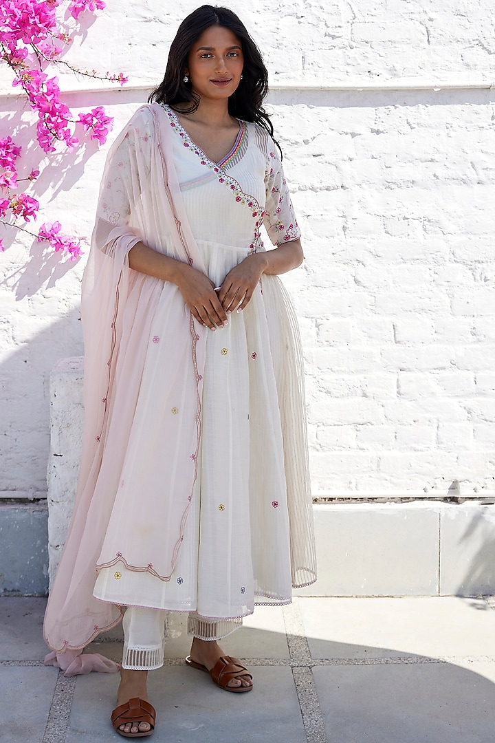 White Embroidered Angrakha Anarkali Set by Label Nimbus