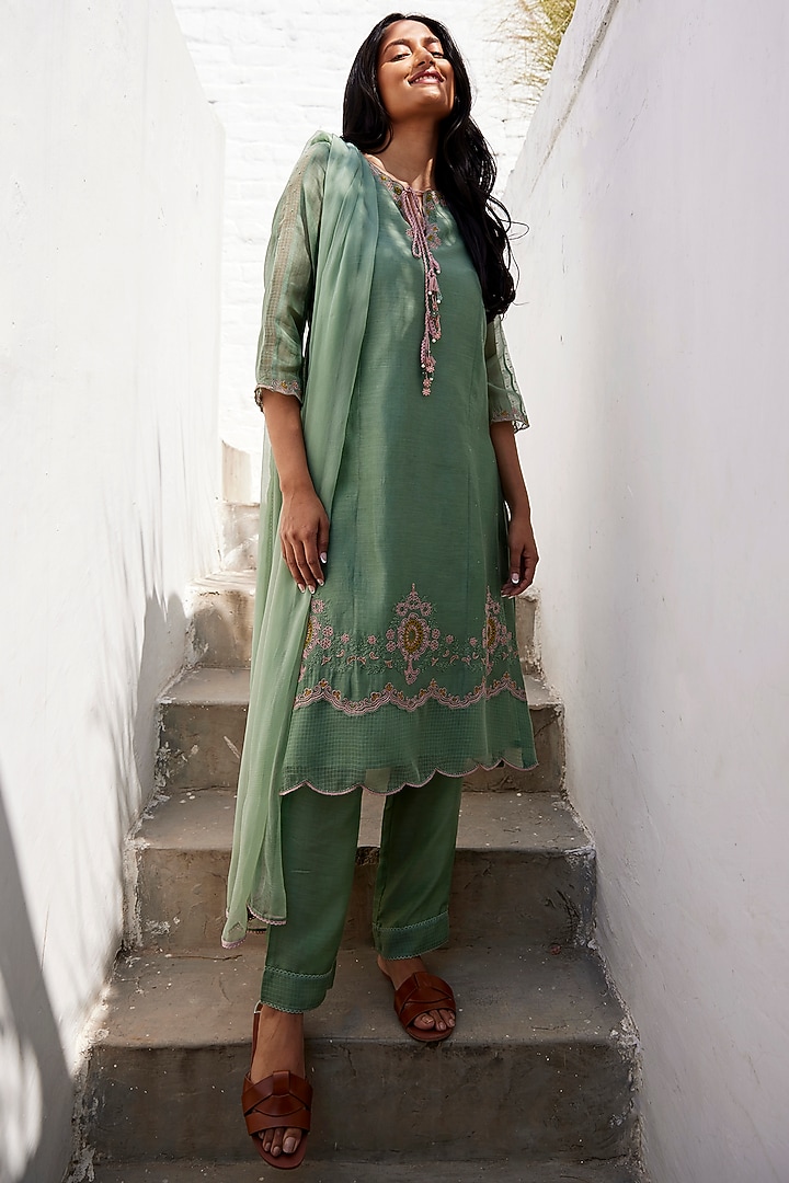Delisicious Sage Green Mul Chanderi With beads/sequins kurta set