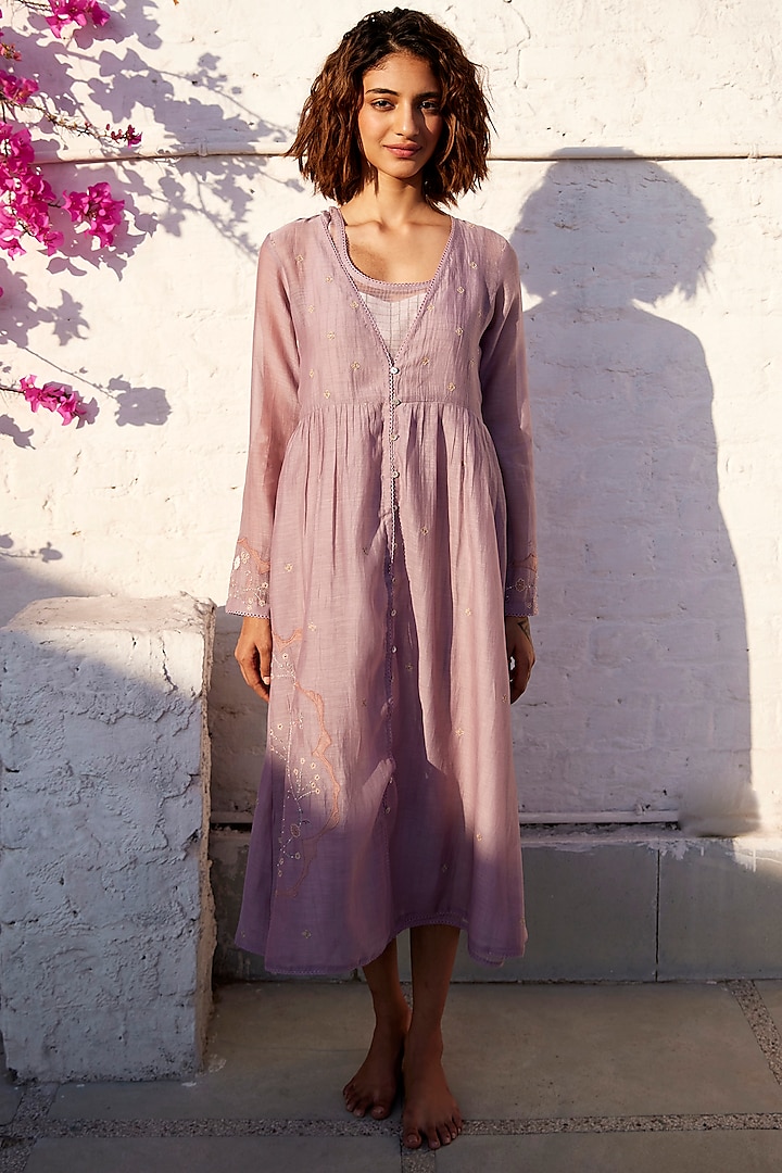 Lilac Hand Embroidered Jacket Dress by Label Nimbus