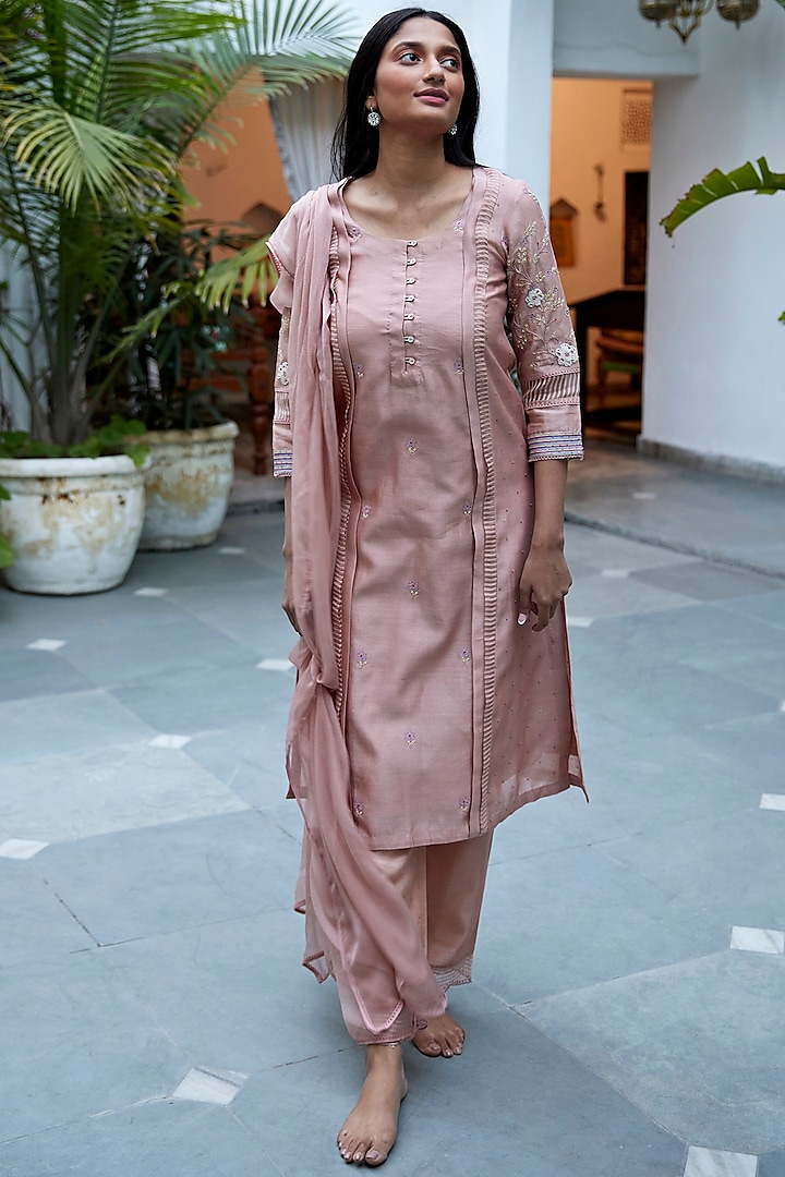 Muted Clay Hand Embroidered Striaght Kurta Set by Label Nimbus