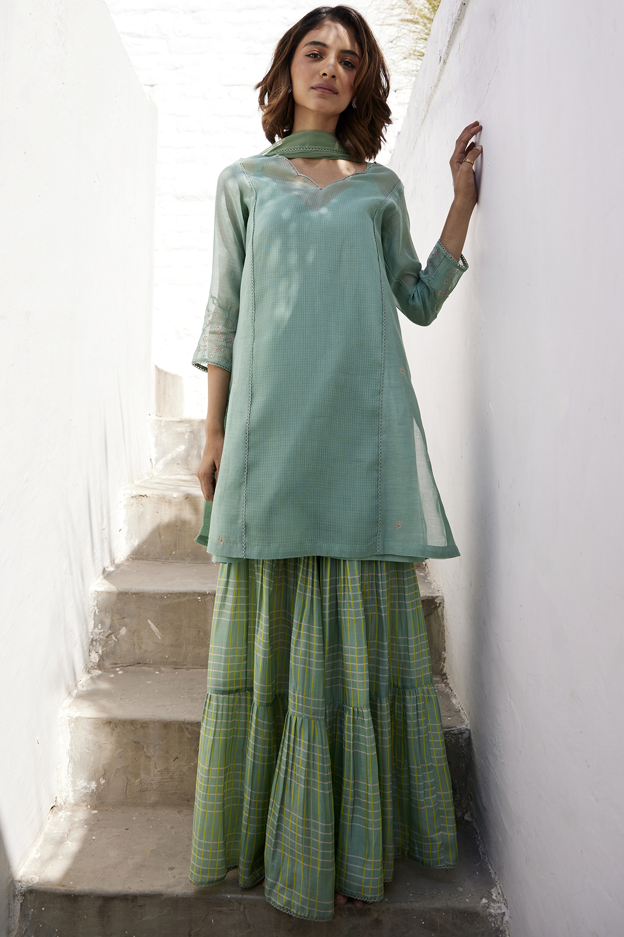 Sage Green Cotton Silk Party Wear Sharara Set by Label Nimbus at Pernia's Pop Up Shop
