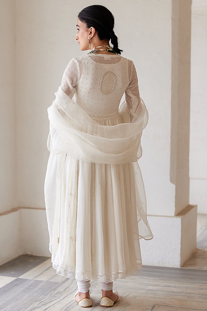 Ivory Georgette Hand Embroidered Wedding Anarkali Jacket Set by Label Nimbus at Pernia's Pop Up Shop