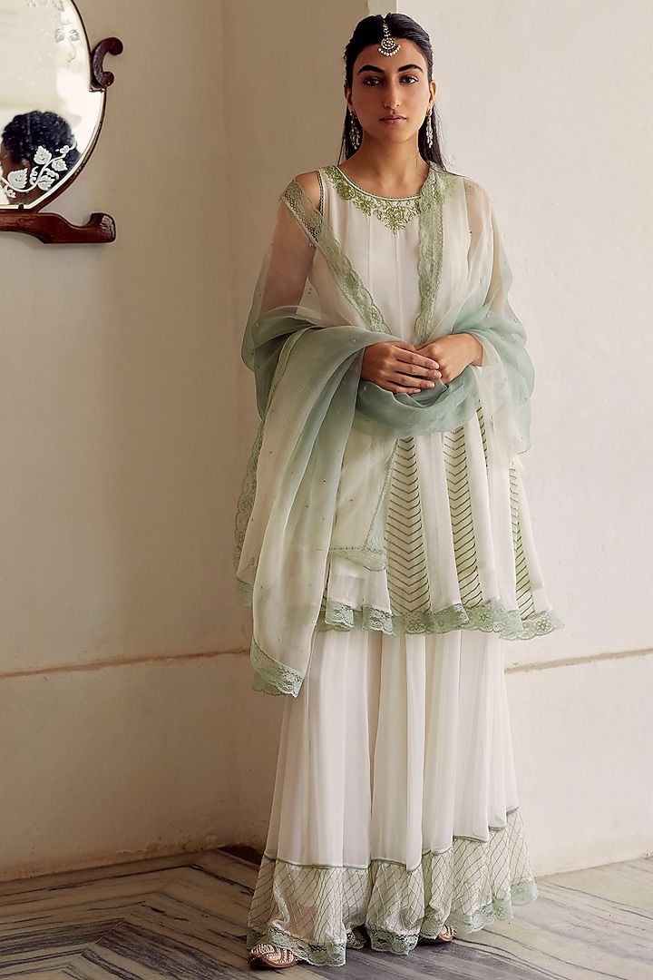 Ivory Georgette Hand Embroidered Sharara Set by Label Nimbus