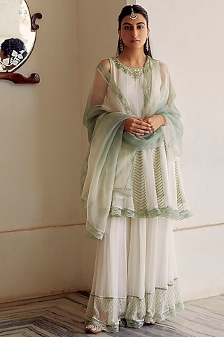Ivory Georgette Hand Embroidered Sharara Set by Label Nimbus
