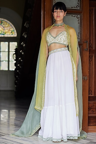Ivory Chiffon Hand Embroidered Lehenga Set by Label Nimbus