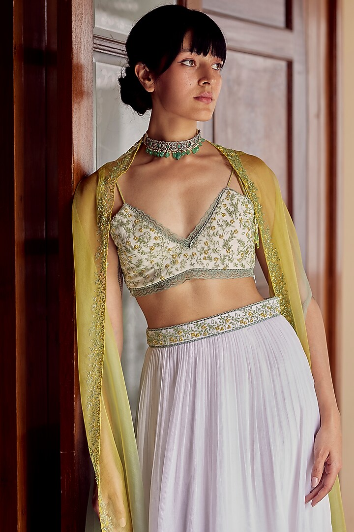 Ivory Chiffon Hand Embroidered Wedding Lehenga Set by Label Nimbus at Pernia's Pop Up Shop