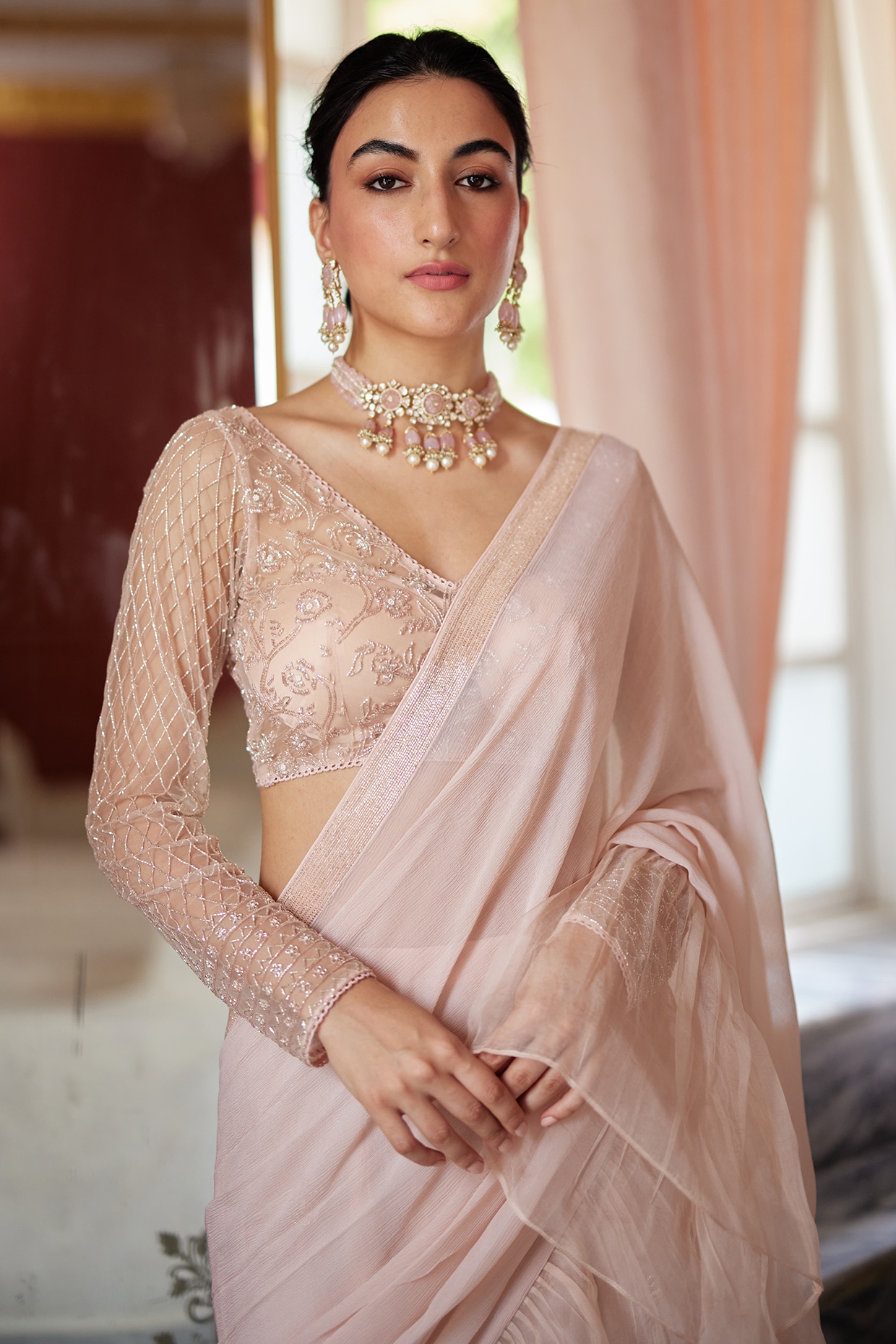 Saree 😍 Embroidered chiffon blouse & sleeves Embroidered organza saree.  Embroidered organza anchal with embroidered organza palu patc... | Instagram