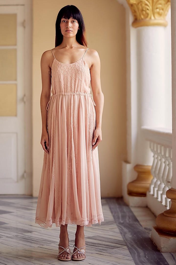 Pale Peach Georgette Hand Embroidered Maxi Dress by Label Nimbus