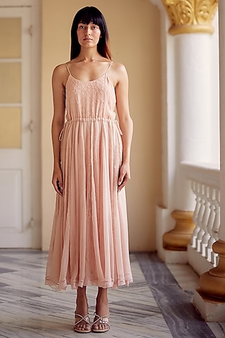 Pale Peach Georgette Hand Embroidered Maxi Dress by Label Nimbus