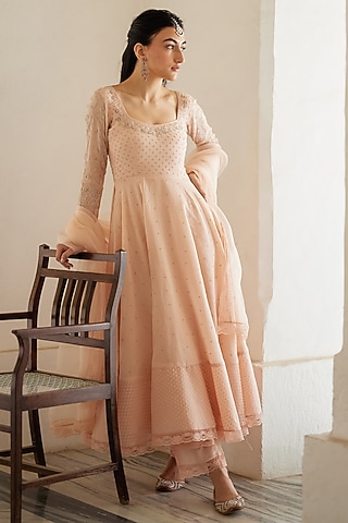 Pale Peach Chanderi & Jamdani Hand Embroidered Anarkali Set by Label Nimbus