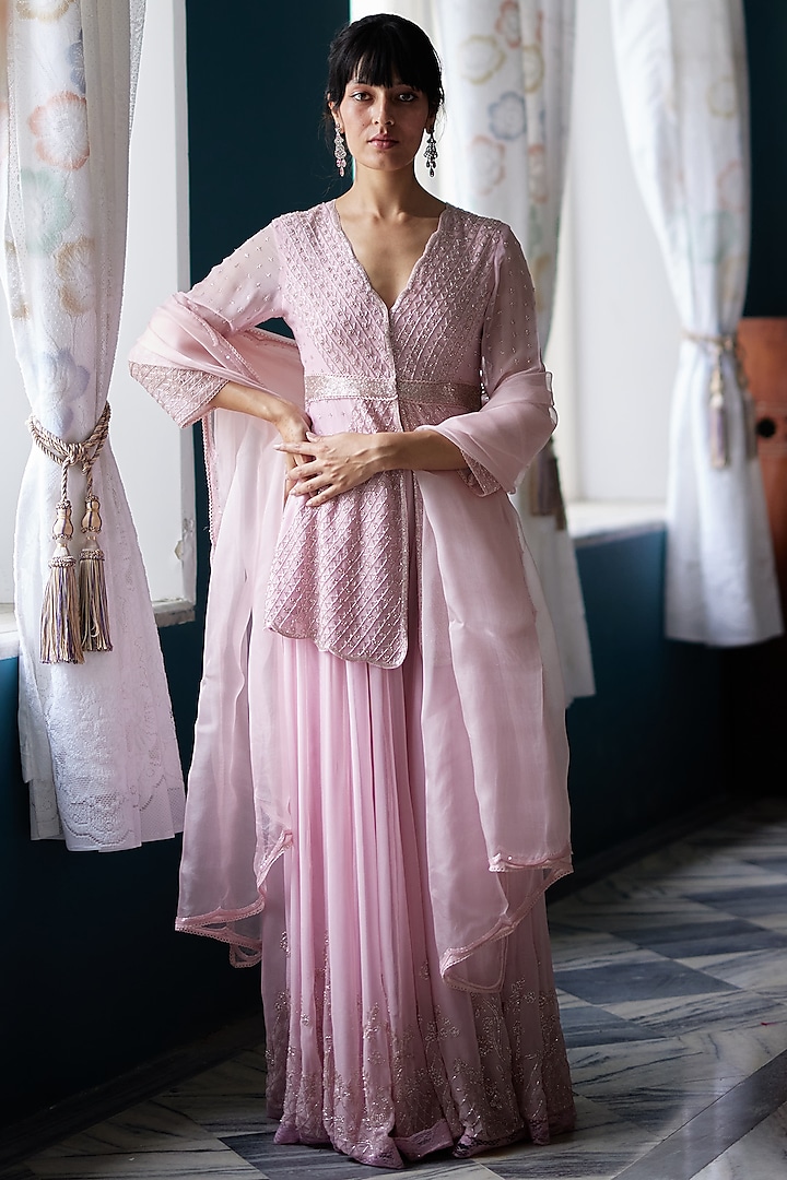Blush Pink Georgette Hand Embroidered Sharara Set by Label Nimbus