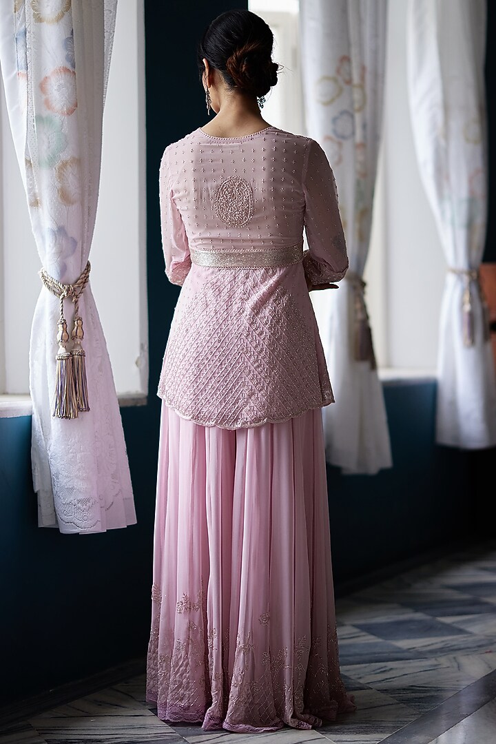 Blush Pink Georgette Hand Embroidered Wedding Sharara Set by Label Nimbus at Pernia's Pop Up Shop