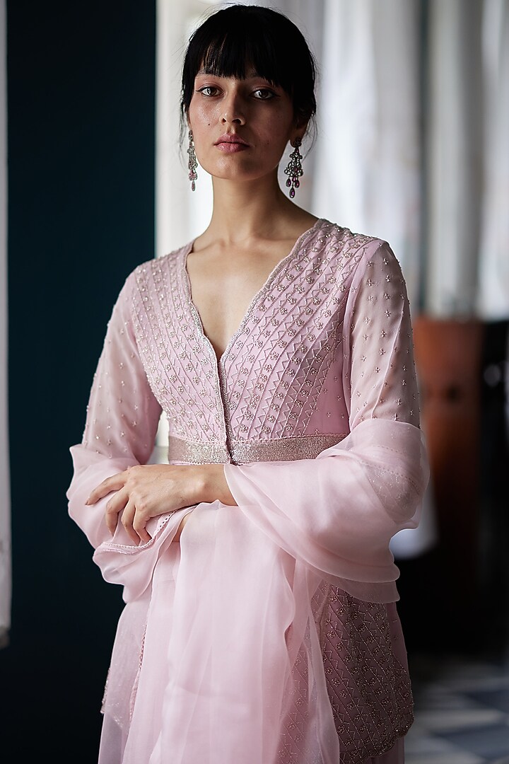 Blush Pink Georgette Hand Embroidered Wedding Sharara Set by Label Nimbus at Pernia's Pop Up Shop