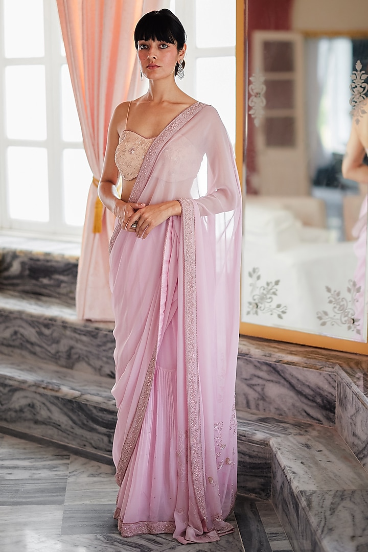 Blush Pink Georgette Hand Embroidered Saree Set by Label Nimbus
